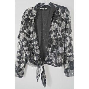 Chico's Size 2 Women Size L Black & Silver Sequin Disco Tie-Front Sparkle Jacket